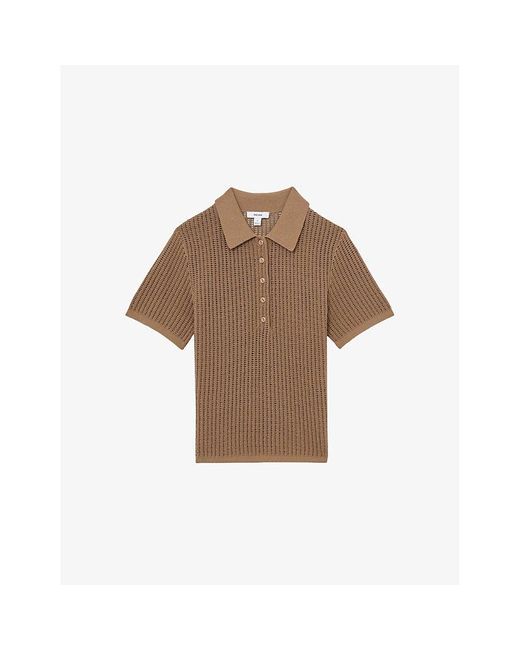 Reiss Brown Evi Open-Knit Cotton-Blend Polo Shirt