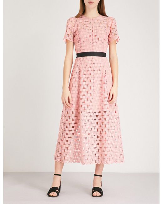 Sandro Pink Cutout Lace-embroidered Midi Dress