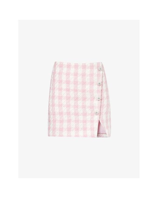 Self-Portrait Pink Bouclé-texture Embellished-button Woven Mini Skirt