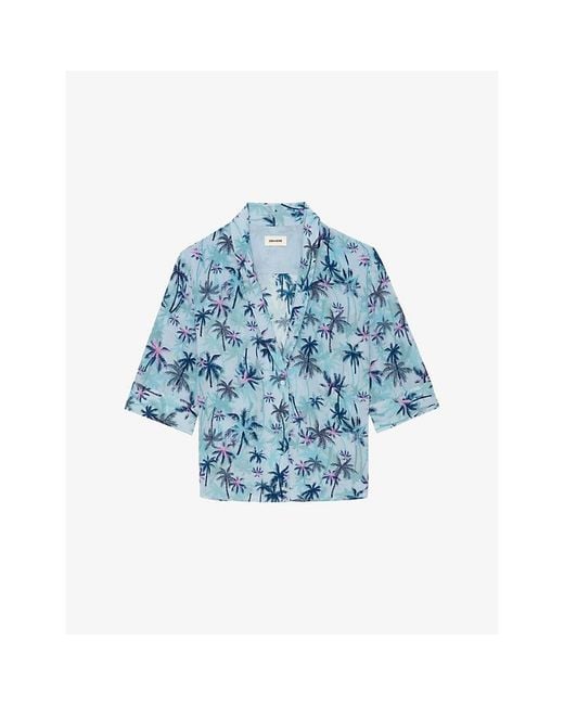 Zadig & Voltaire Blue Palm-Print Short-Sleeved Silk Shirt