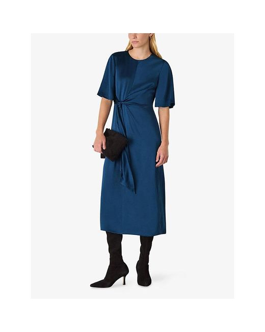 Whistles Blue Twist-Waist Satin Midi Dress