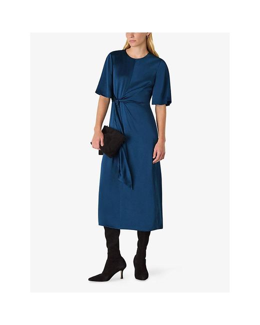 Whistles Blue Twist-Waist Satin Midi Dress