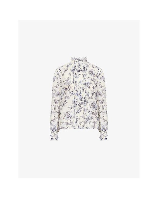 ME+EM White Ruffled Botanical-Print Cotton-Silk Blouse