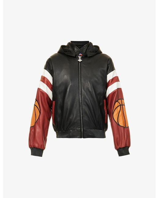Just Don Black Basketball-appliqué Brand-embroidered Boxy-fit Leather Jacket for men