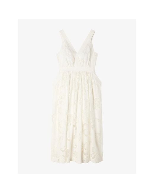Sandro White Floral V-Neck Cotton-Blend Midi Dress