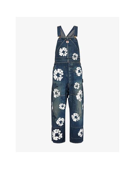 SAINT Mxxxxxx Blue X Denim Tears Floral-Print Relaxed-Fit Denim Dungarees for men