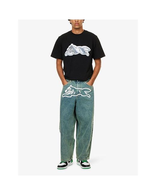 ICECREAM Blue Running Dog Triple Scoop Wide-Leg Cotton Denim Jeans for men