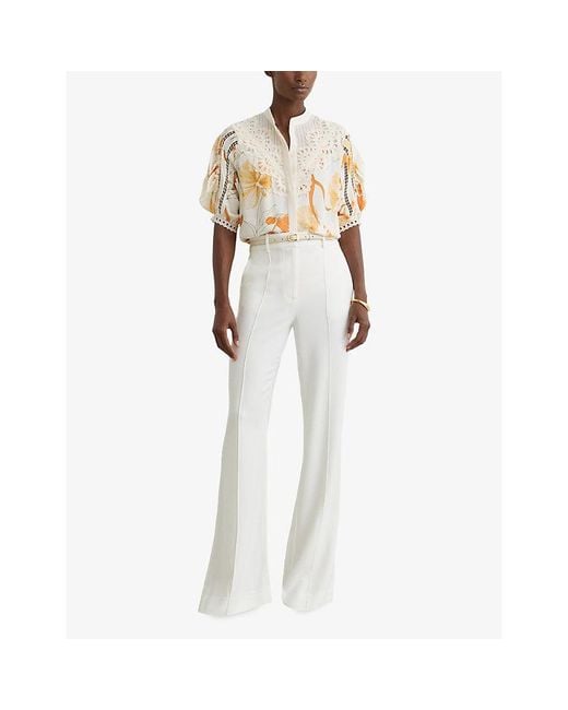 Reiss White Louisa Floral-Print Lace-Trim Woven Shirt