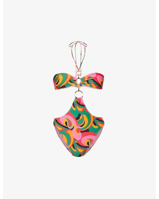 Jaded London Multicolor Abstract-print Ring-detail Stretch Polyester Swimsuit