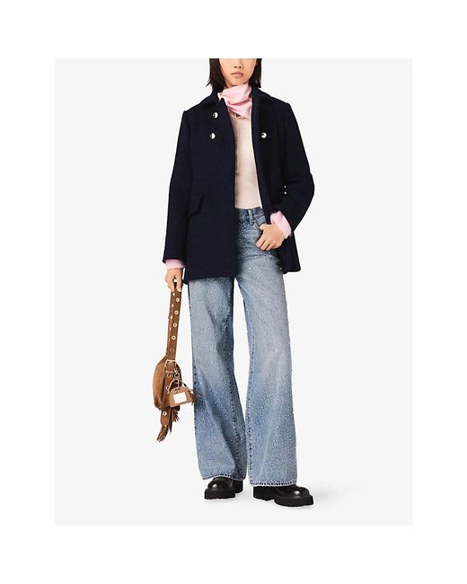 Maje Blue Collared Double-Breasted Wool-Blend Coat