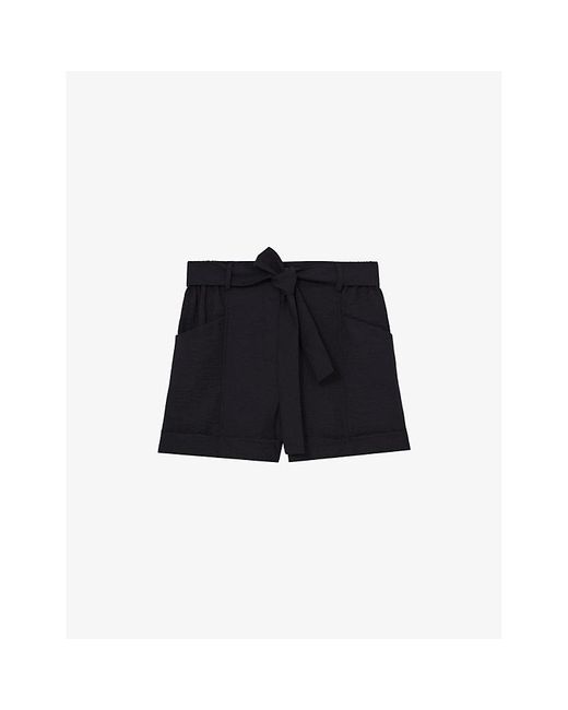 Reiss Black Avril Belted-Waist Regular-Fit Woven Shorts