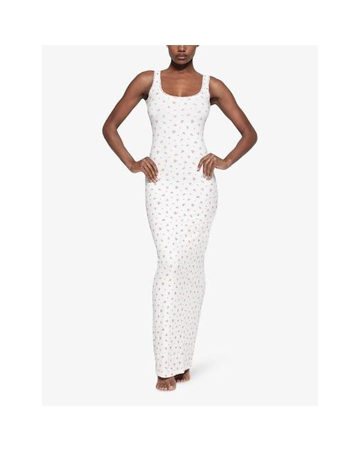 Skims White Soft Lounge Floral-print Lace-trim Stretch-woven Maxi Dress