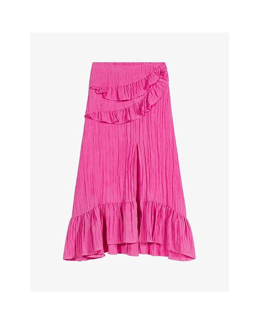 Maje Pink Ruffled Crinkle Embossed-satin Maxi Skirt