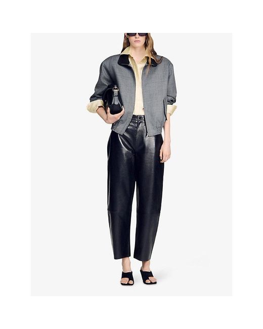 Sandro Blue Barrel-Leg High-Rise Leather Trousers