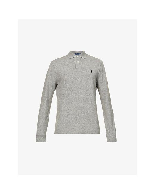 Polo Ralph Lauren Gray Long-Sleeved Logo-Embroidered Custom Slim-Fit Cotton-Piqué Polo Shirt for men