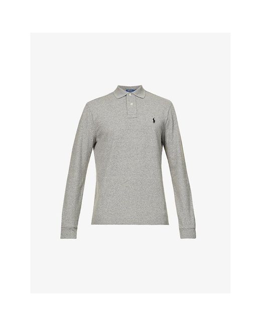 Polo Ralph Lauren Gray Long-Sleeved Logo-Embroidered Custom Slim-Fit Cotton-Piqué Polo Shirt for men