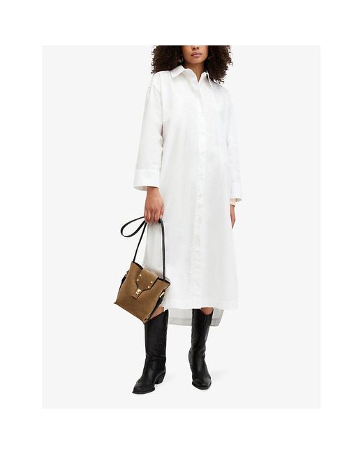 AllSaints White Imogen Relaxed-fit Long-sleeve Organic-cotton Maxi Shirt Dress