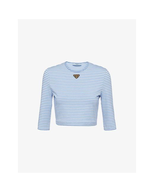 Prada Blue Stripe-pattern Brand-plaque Cotton-jersey Top