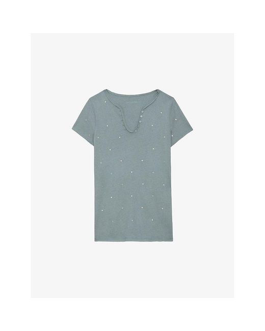 Zadig & Voltaire Blue Tunisien Button-neck Diamanté-embellished Cotton T-shirt