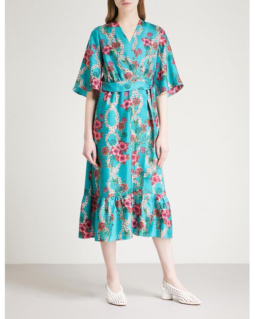 Sandro Blue Floral-print Kimono Silk Dress