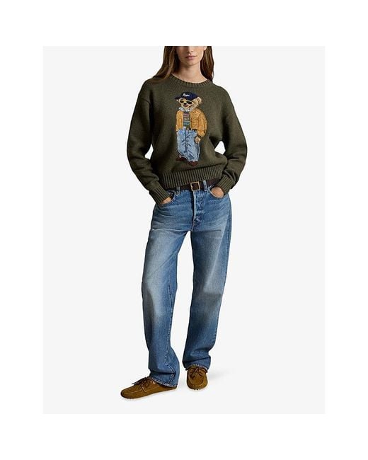 Polo Ralph Lauren Green Bear-Embroidered Knitted Cotton Jumper