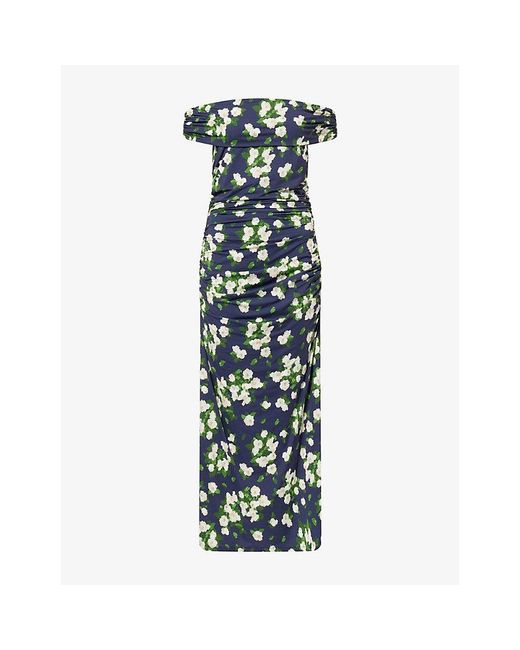 Carolina Herrera Blue Floral-Print Off-Shoulder Jersey Midi Dress