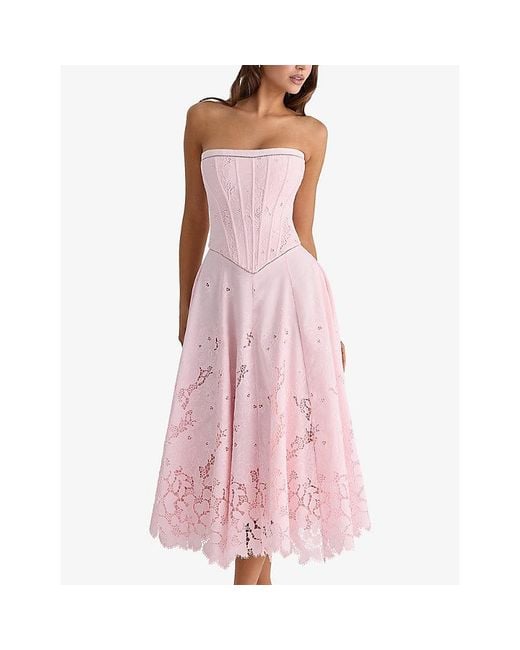 House Of Cb Pink Belissa Strapless Broderie Woven Midi Dress Xs (A-C Cup)