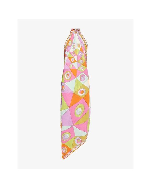 Emilio Pucci Pink Halter-Neck Patterned Silk Midi Dress