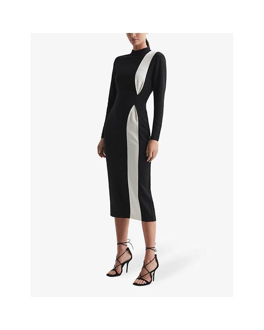 Reiss Black Millie Contrast-stripe Stretch-woven Midi Dress