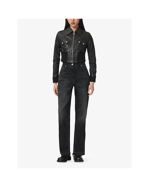 AllSaints Black Lena Cropped Regular-Fit Leather Jacket