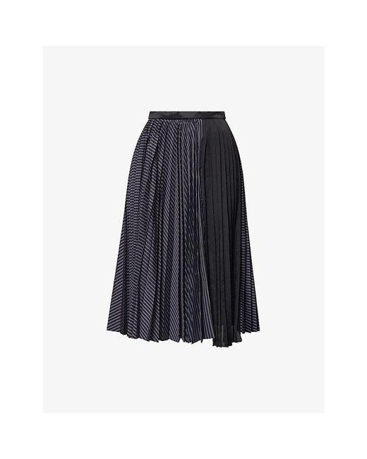 Sacai Blue Striped Pleated Cotton-Blend Midi Skirt