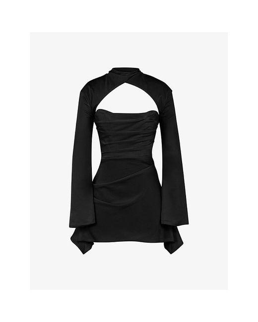House Of Cb Black Toira Long-sleeved Corseted Satin Mini Dress