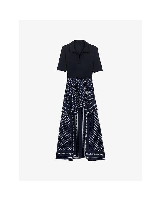 Maje Blue Polo-Collar Patterned Woven Midi Dress
