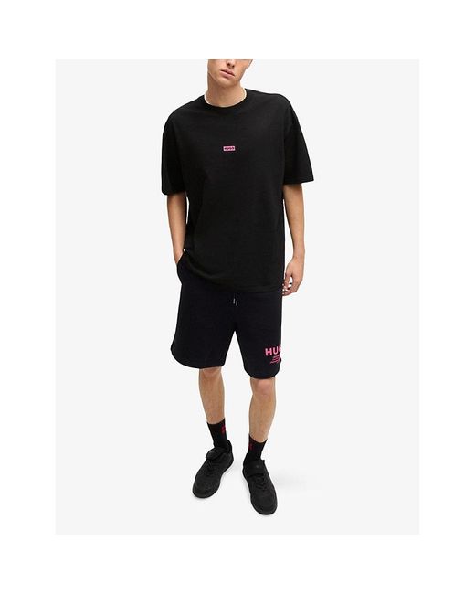 HUGO Black Logo-Print Loose-Fit Cotton-Jersey T-Shirt for men