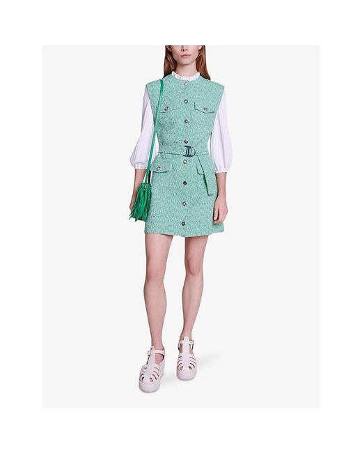 Maje Green Contrast-sleeve Belted-waist Tweed Cotton Mini Dress