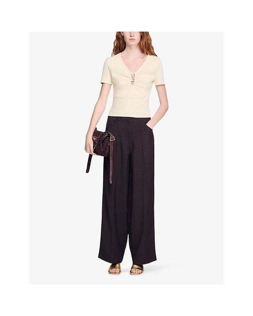 Sandro Natural Jewel-Embellished Cropped Stretch-Cotton T-Shirt