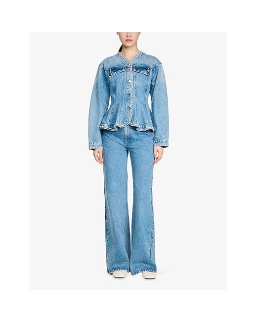 Sandro Blue Peplum-Hem Beaded-Trim Denim Jacket