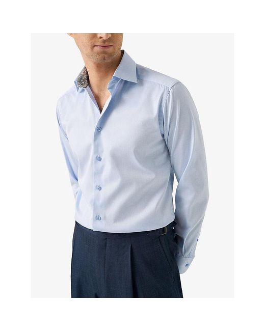 Eton of Sweden Blue Floral-Trim Contemporary-Fit Cotton Shirt for men