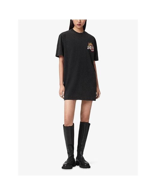 AllSaints Black Roque Graphic-Print T-Shirt Cotton Mini Dress