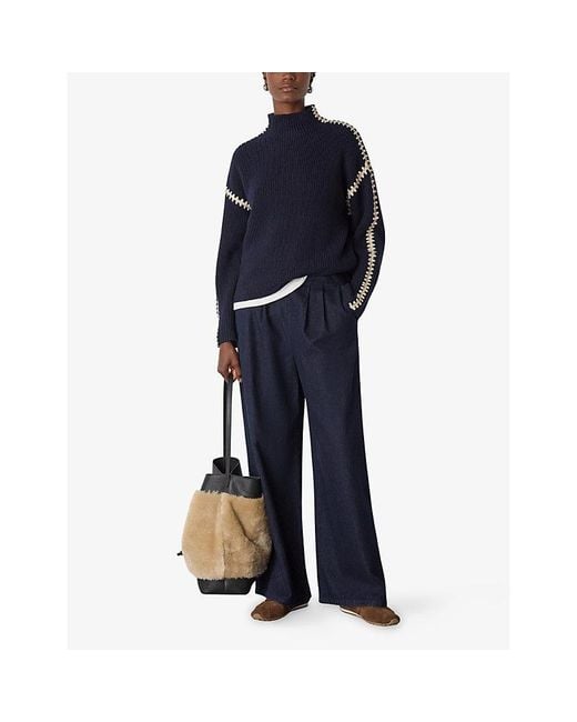Whistles Blue Blanket-Stitch Wool-Blend Jumper