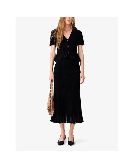 Maje Black Pleated Peplum-Hem Knitted Midi Skirt