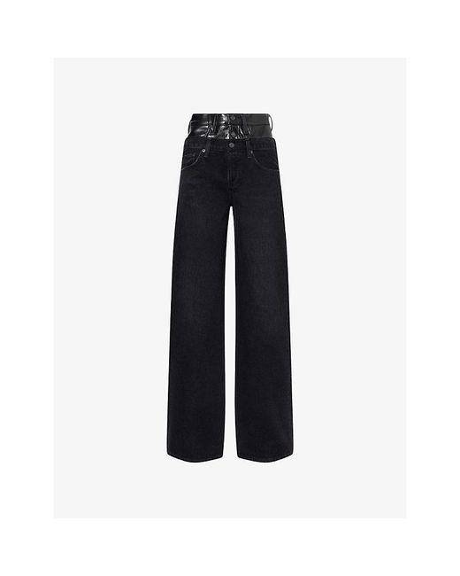 Agolde Black Elson Double-Waistband Cotton-And-Leather Jeans