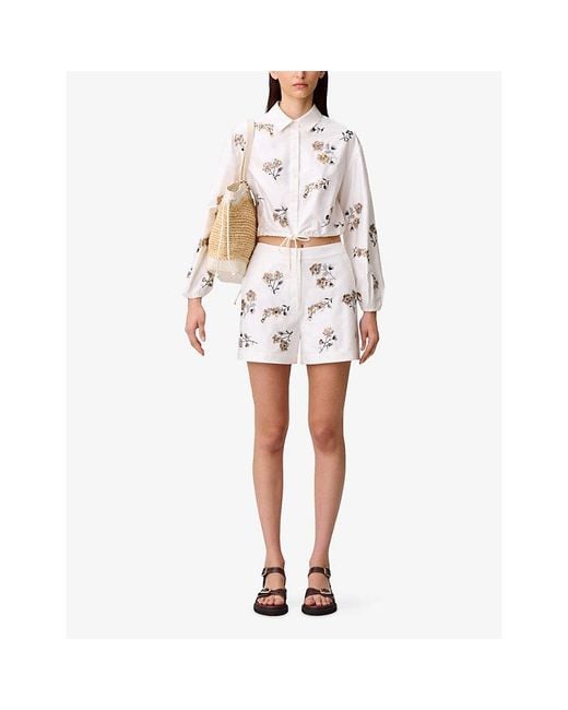 Claudie Pierlot White Floral-Embroidered Mid-Rise Cotton Shorts