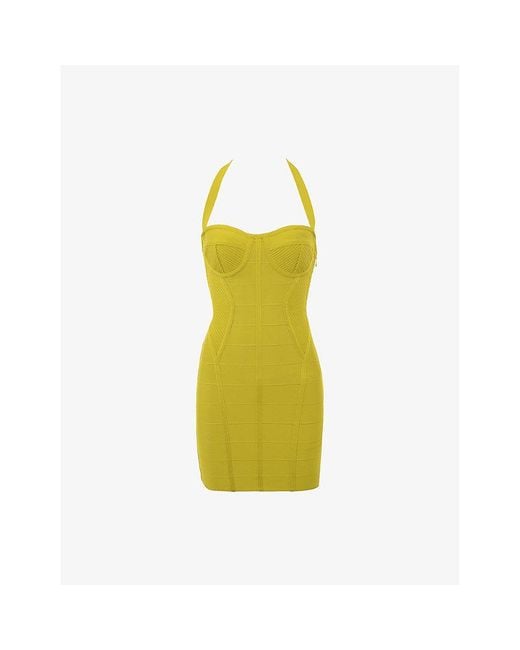 House Of Cb Yellow The Sculpt Halter-Neck Bandage Stretch-Woven Mini Dress