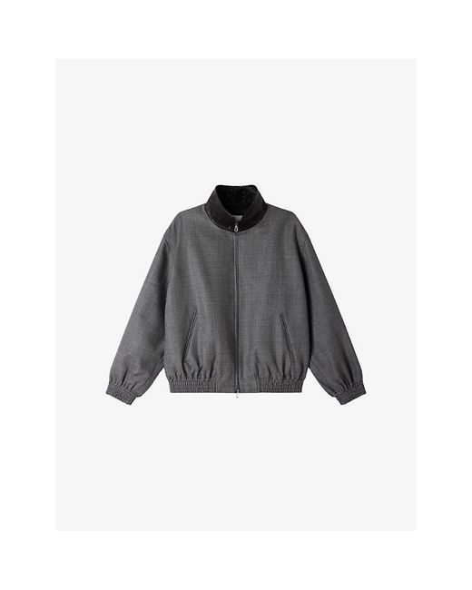 Sandro Gray Relaxed-Fit Leather-Collar Wool Jacket