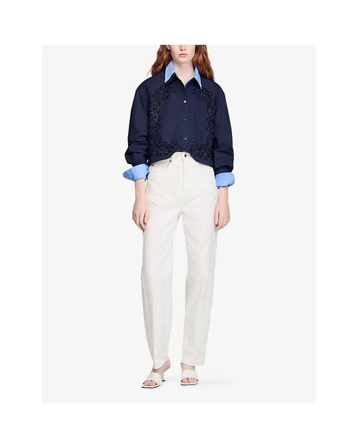 Sandro Blue Floral-Embroidered Cotton Shirt