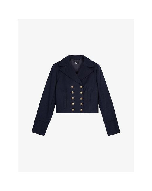 The Kooples Blue Double-Breasted Button-Embellished Cropped Cotton Jacket