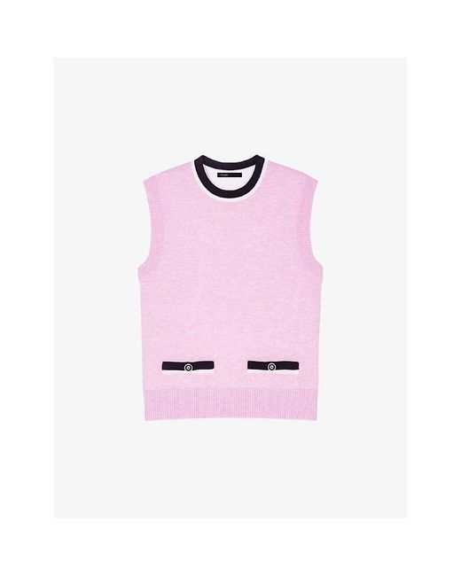 Maje Pink Contrast-trim Sleeveless Knitted Jumper