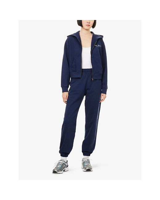 Sporty & Rich Blue Logo-Embroidered Zip-Up Cotton-Jersey Hoody