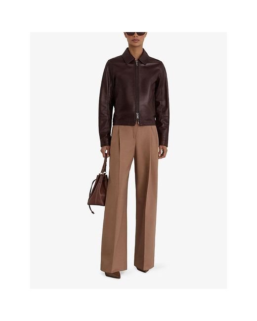 Reiss Brown Sorina Zip-Up Leather Jacket